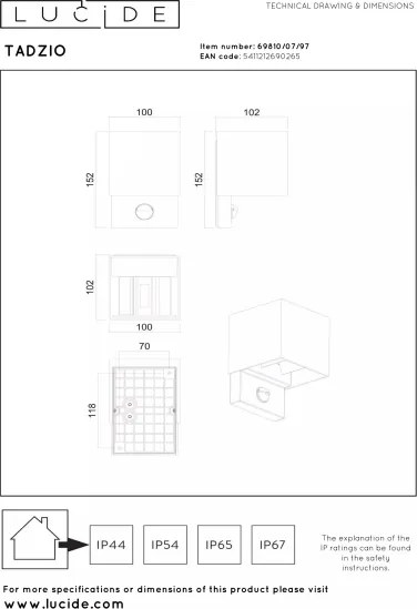 Lucide 69810/07/97-LED Kültéri világítótest mozgásérzékelővel TADZIO LED/7W/230V IP65