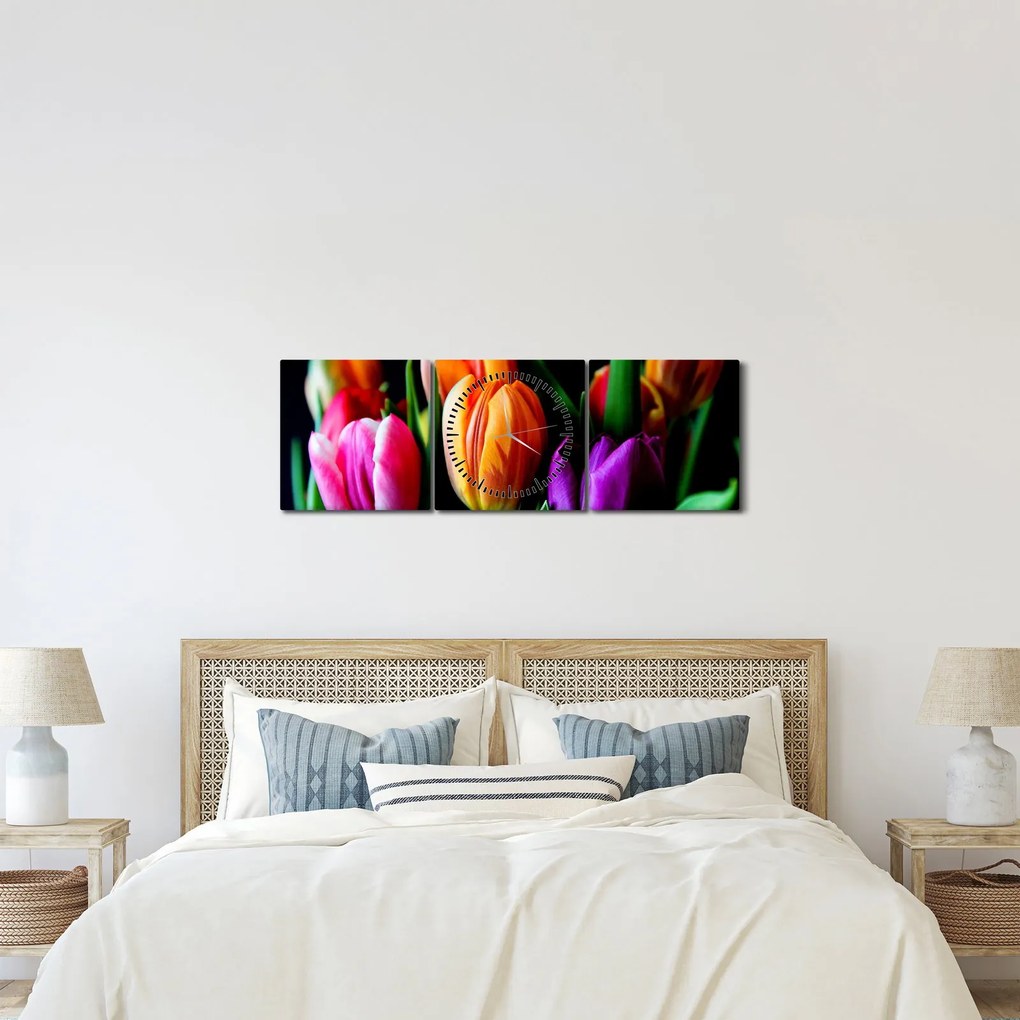 Tulipánok képe fekete alapon (órával) (90x30 cm)