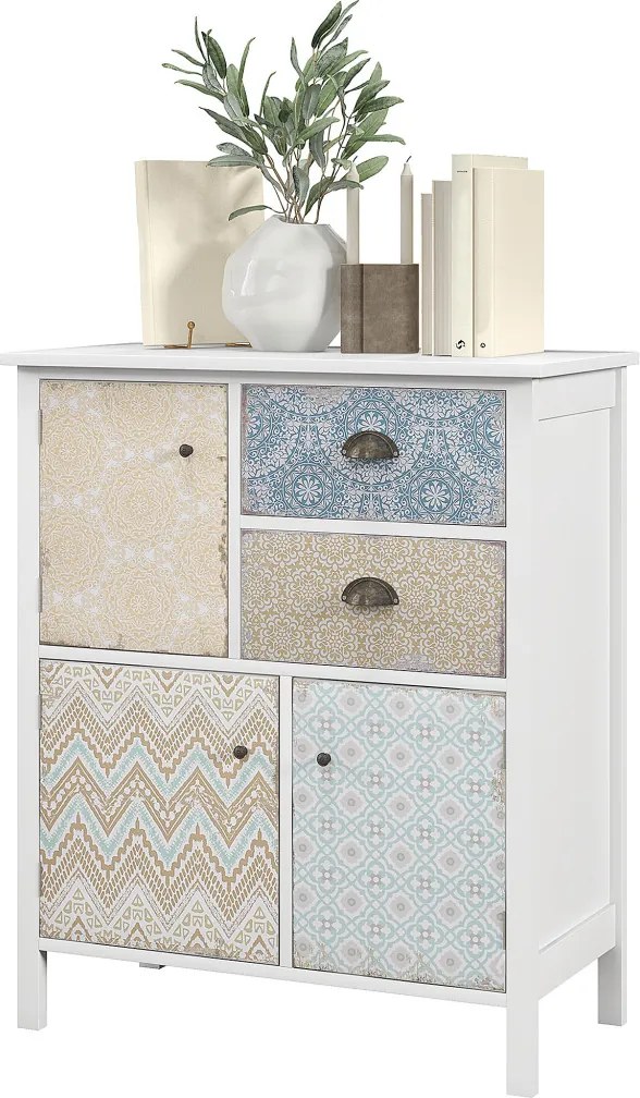 HOMCOM Tálalószekrény, shabby chic fiókos komód, 2 fiók, 3 szekrényrekesz, fenyőfa, fehér