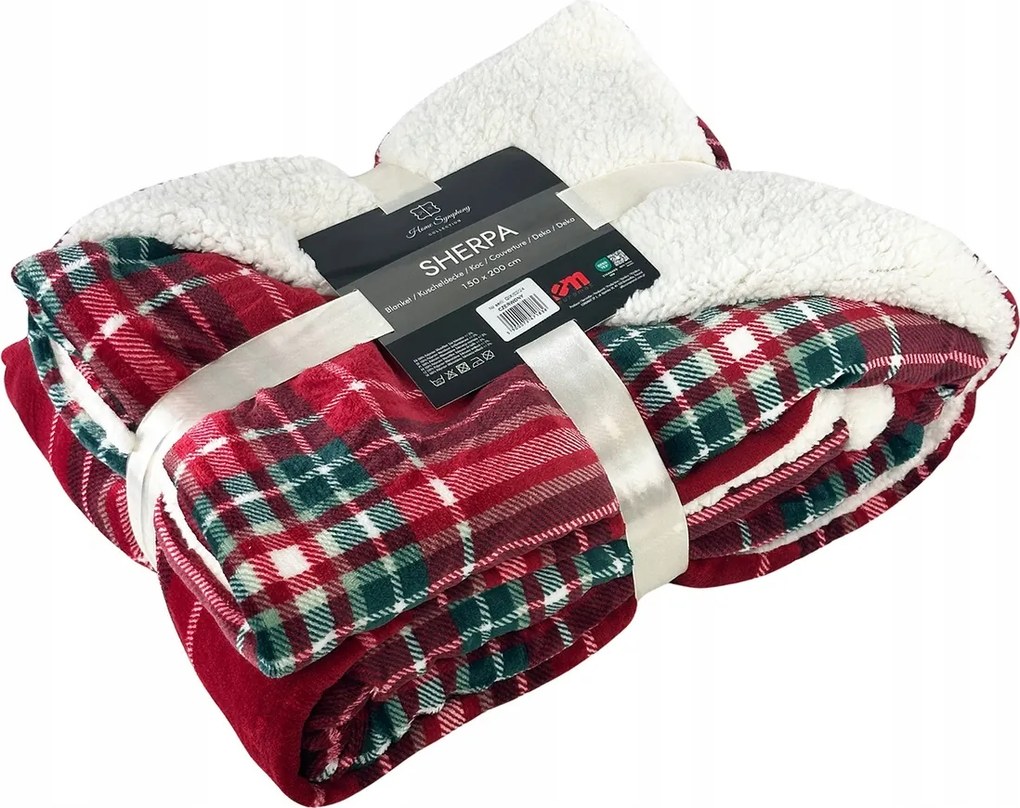 Sherpa Takaró Kétoldalas Bárány Pléd Piros Karácsonyi Rács 150x200 cm