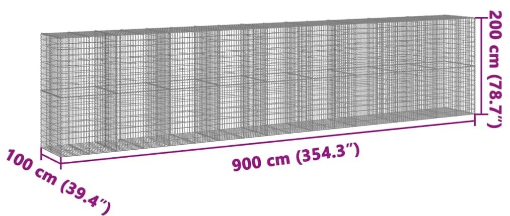 horganyzott vas gabion kosár fedéllel 900 x 100 x 200 cm