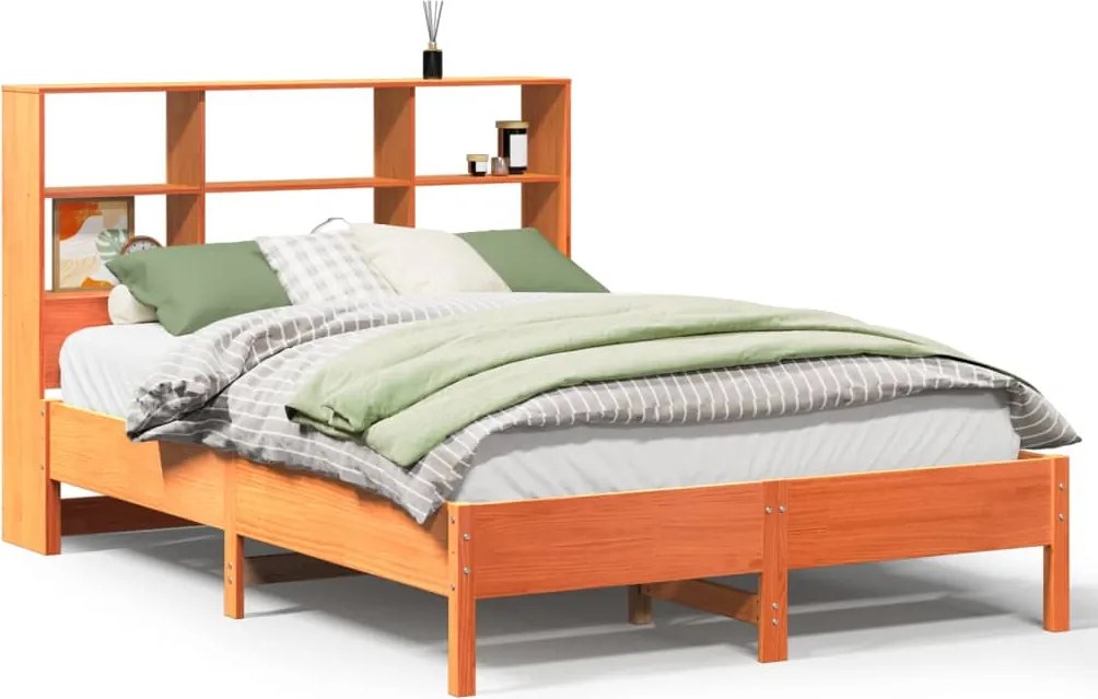 vidaXL barna tömör fenyőfa könyvespolcos ágy matrac nélkül 160 x 200cm