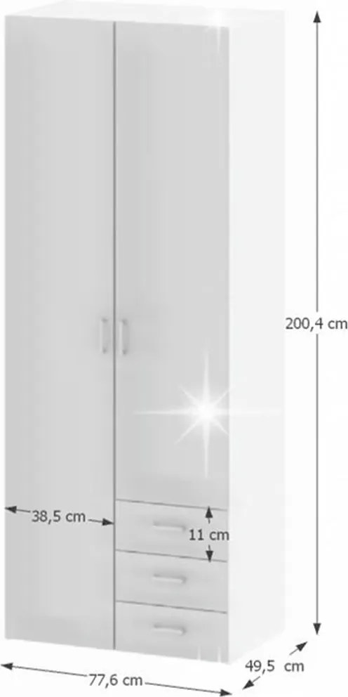 szekrény, 2 -ajtós, fehér extra magasfényű, GWEN 70425