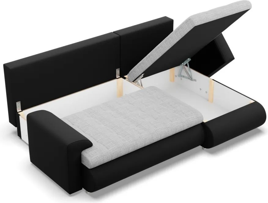 Tokio sarokkanapé, 2 ágyneműtartóval, fonott + műbőr, jobboldali, szürke - fekete