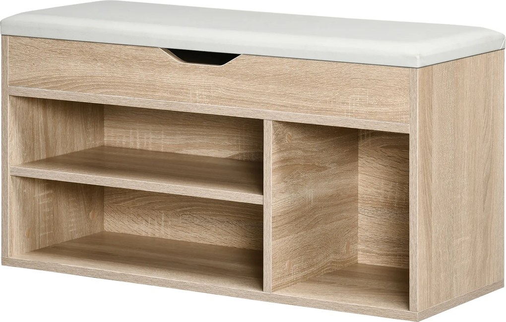 HOMCOM Helytakarékos Párnázott Cipőszekrény, Cipőtároló Szekrény 3 Rekesszel, PU Bőr Ülőfelülettel, Nappaliba és Folyosóra, 80x30x43 cm, Fa Szín | Aos