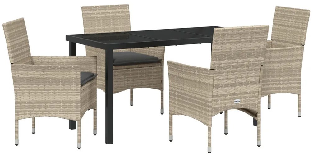 5 Részes Kert Étkezősor Párnákkal Világosszürke Poli Rattan, Kert Asztal Fekete 140x80x73 cm Edzett Üveg
