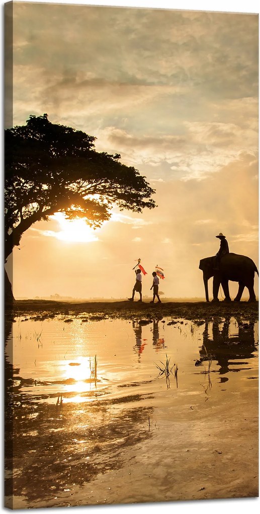Vászonkép Emberek az elefántokon Naplemente Afrika Szavanna 40x80 cm