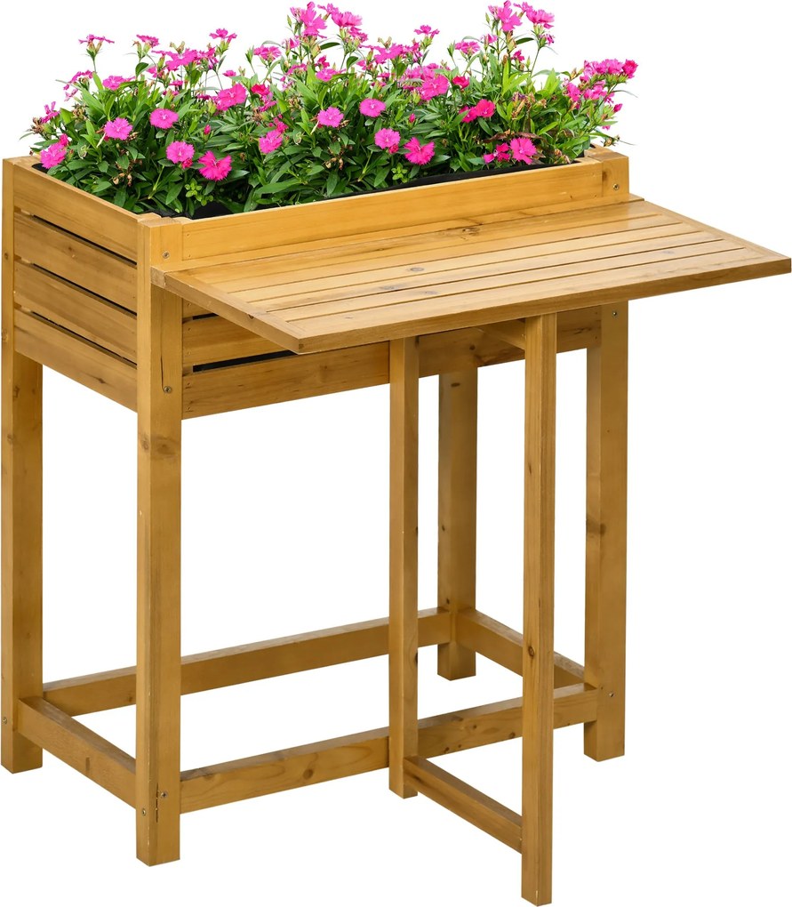 Outsunny Emelt Ágyás Virágoskert Doboz Hajtható Asztallap, Fűszernövény Ágyás, Bélelt Belső Béléssel, Kerthez, Teraszhoz, Fából, Barna, 64 x 63 x 74,5