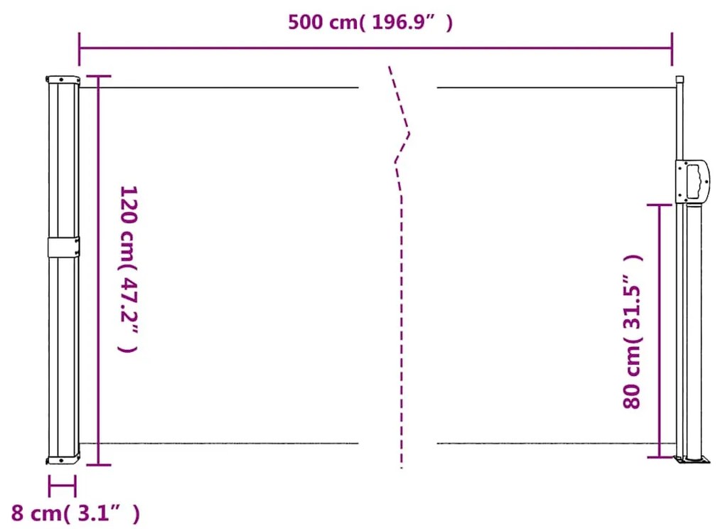 barna behúzható oldalsó napellenző 120 x 500 cm