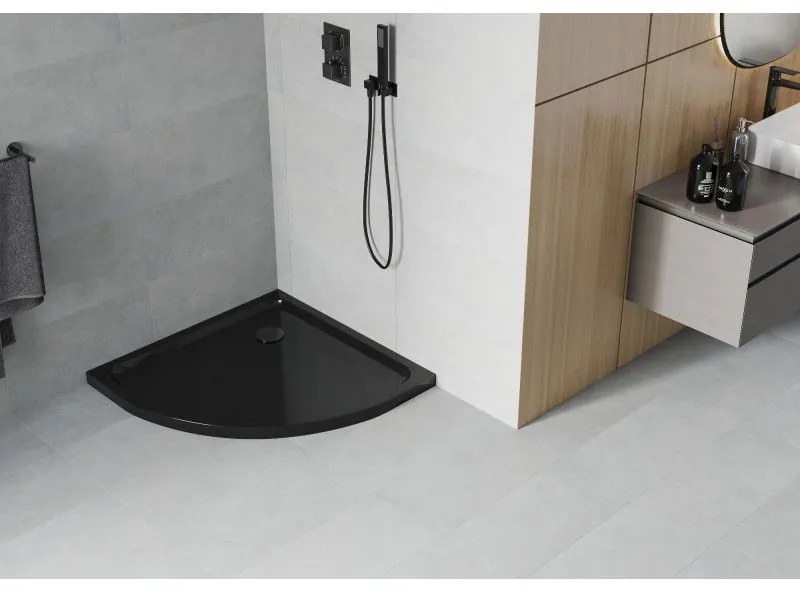 Mexen SLIM - Negyedkör alakú zuhanytálca 90x90x5cm + fekete szifon, fekete, 41709090B
