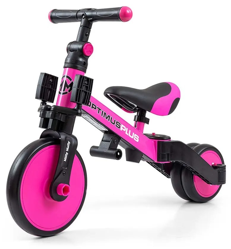 Gyerek háromkerekű bicikli 4az1-ben Milly Mally Optimus Plus tolókarral pink