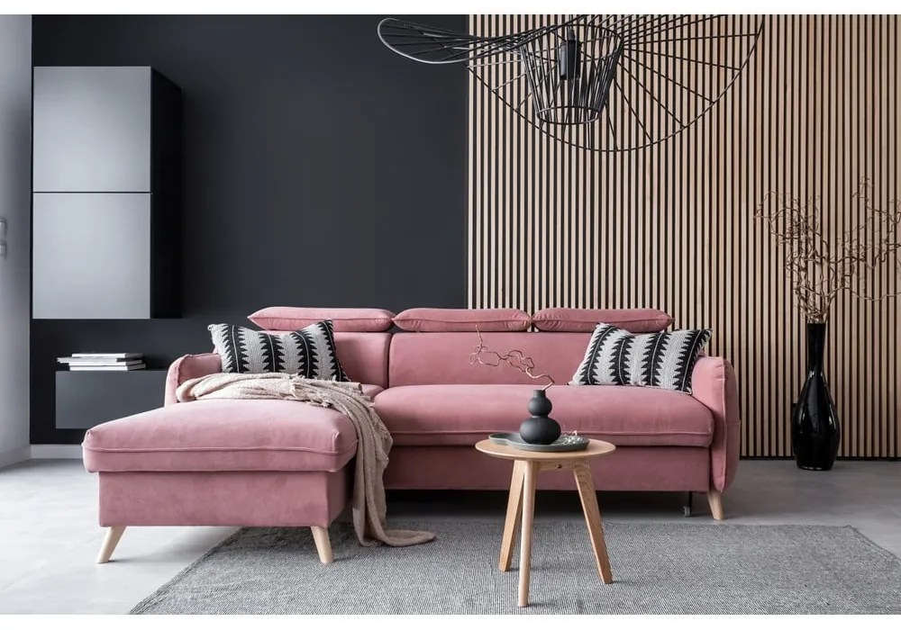 Világos rózsaszín bársony kinyitható sarokkanapé (bal oldali) Sweet Harmony – Miuform