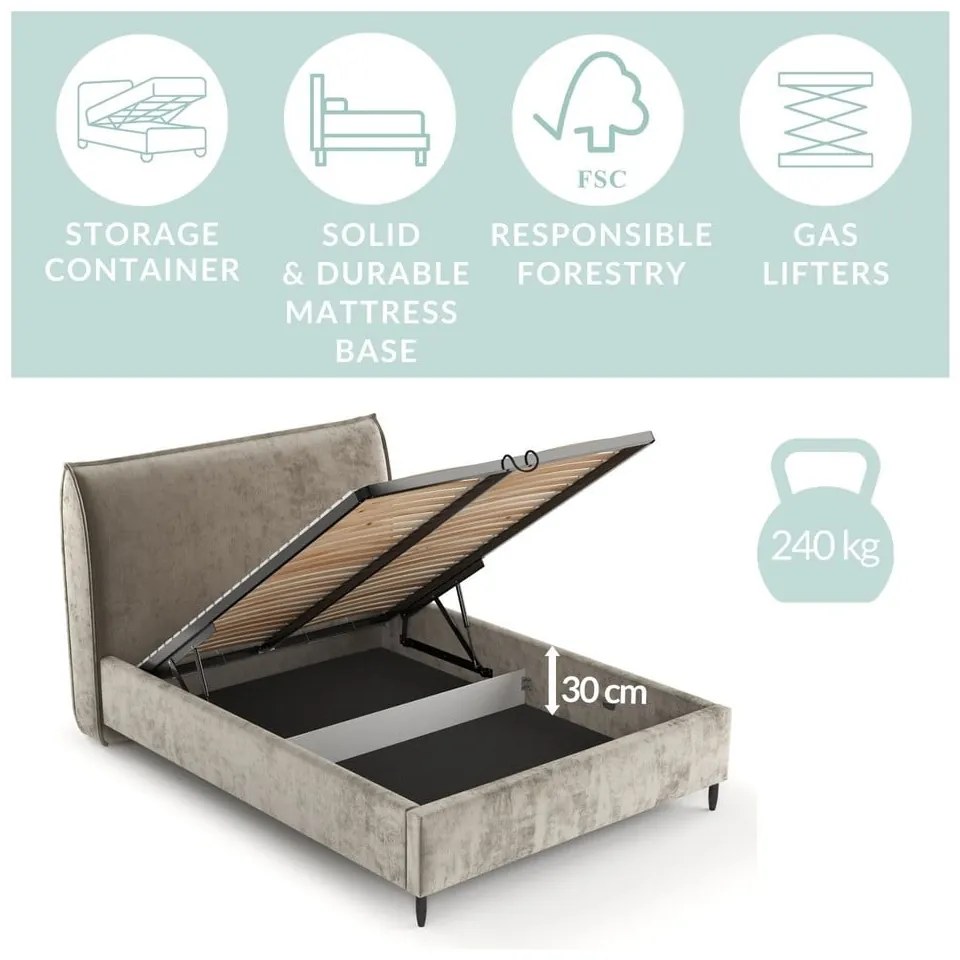 Sötétkék kárpitozott ágyneműtartós franciaágy ágyráccsal 180x200 cm Shell – Maison de Rêve