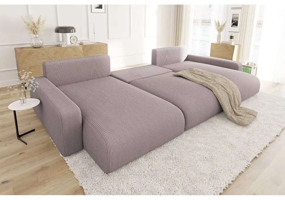 Világos rózsaszín kordbársony kinyitható tárolóhelyes sarokkanapé Sara – Ropez