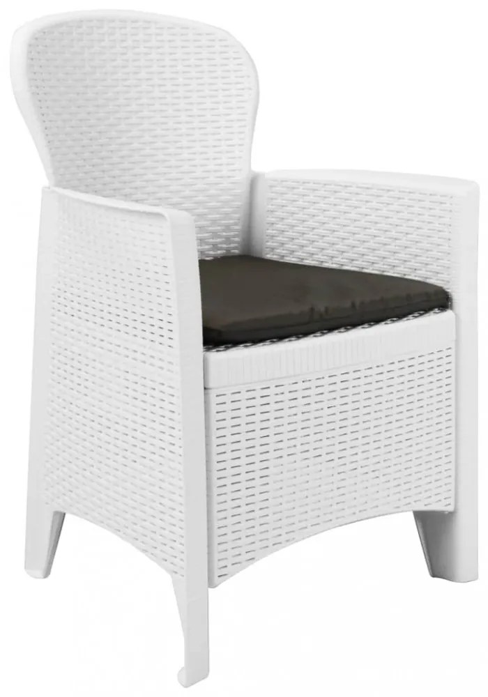 2 db fehér rattan hatású műanyag kerti szék párnával