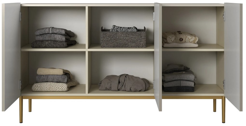 Nicole komód 150 cm háromajtós, mart előlap - kasmír / arany lábak