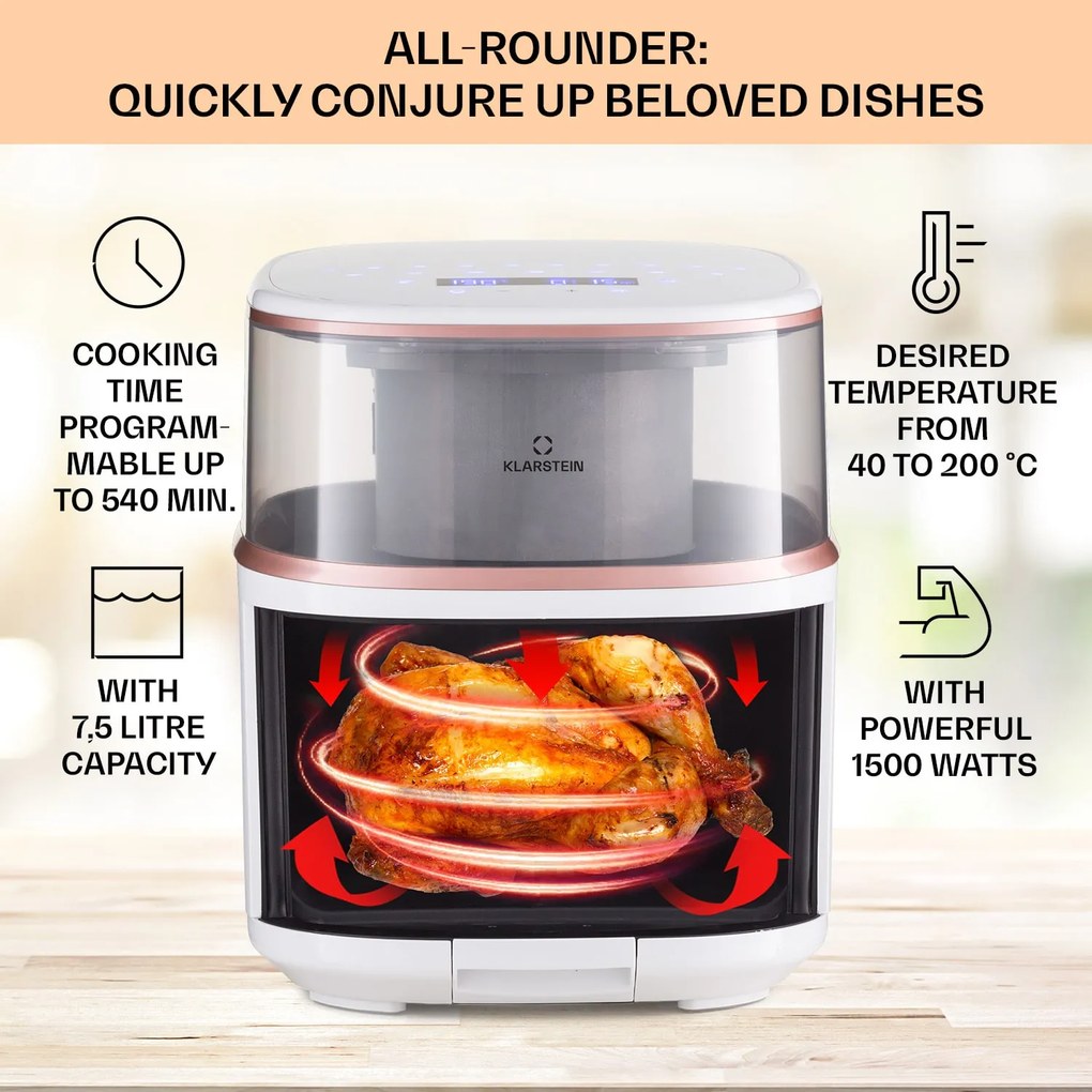 Klarstein Air Bloom, forrólevegős fritőz, 1500 W, 7,5 l, 16 program, gőzölő funkcióval