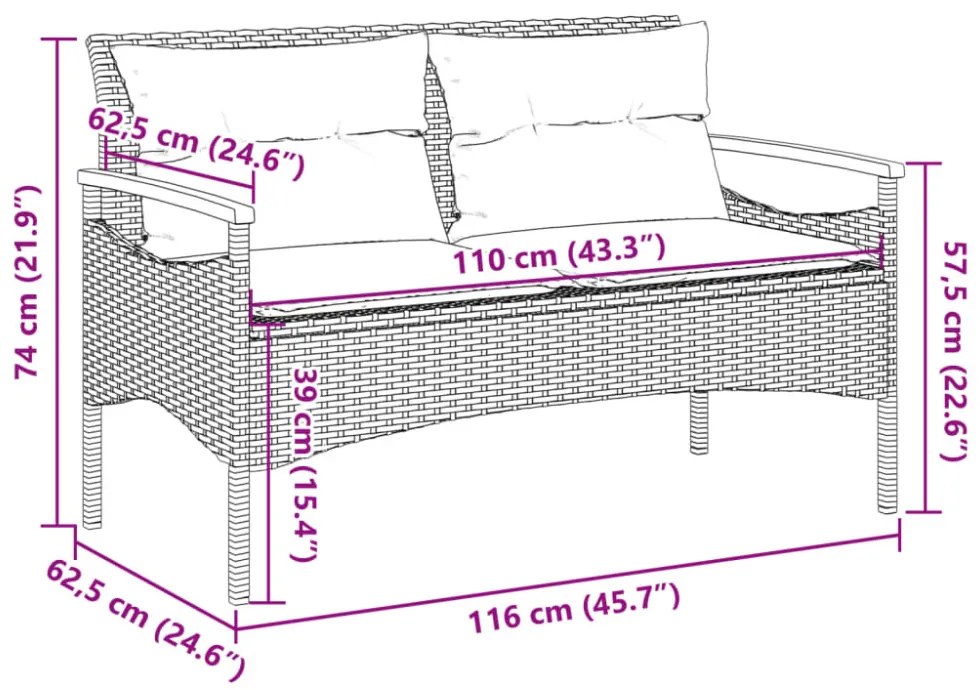 fekete polyrattan kerti pad párnával 116 x 62,5 x 74