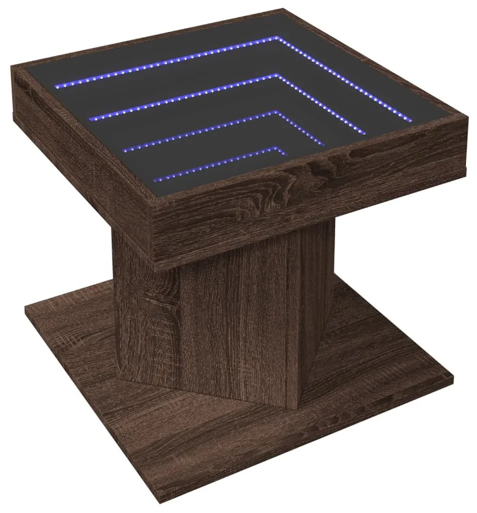Barna tölgy szerelt fa dohányzóasztal LED-del 50 x 50 x 45 cm
