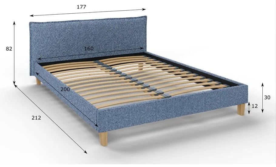 Kék kárpitozott franciaágy ágyráccsal 160x200 cm Tina – Ropez