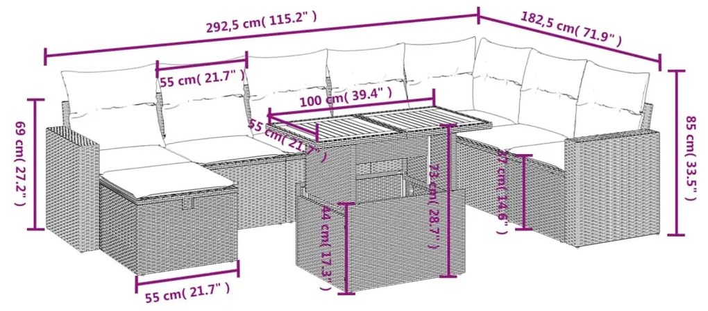 9 részes fekete polyrattan kerti ülőgarnitúra párnákkal