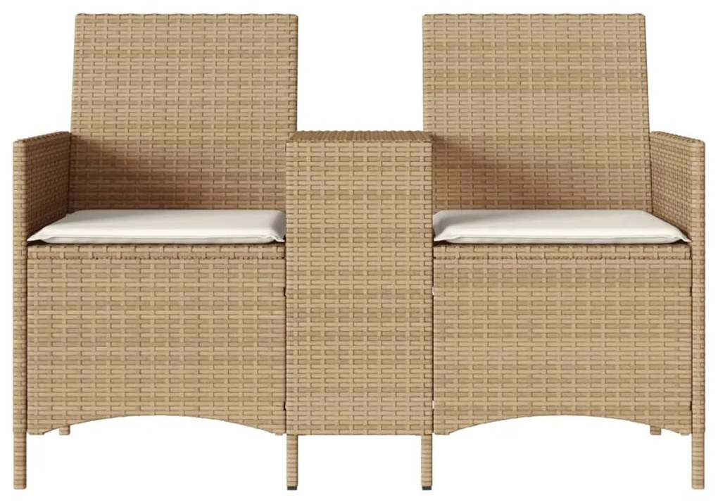 bézs polirattan 2 személyes kerti kanapé asztallal és párnákkal