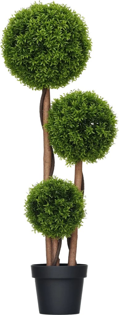 HOMCOM Mesterséges Fa, Mesterséges Növény, Tölgyfalevelekkel Díszített 3 Boxwood Gömb, Cserép Tartozik, Bent és Kinn Használható, Magasság 110 cm, Öss