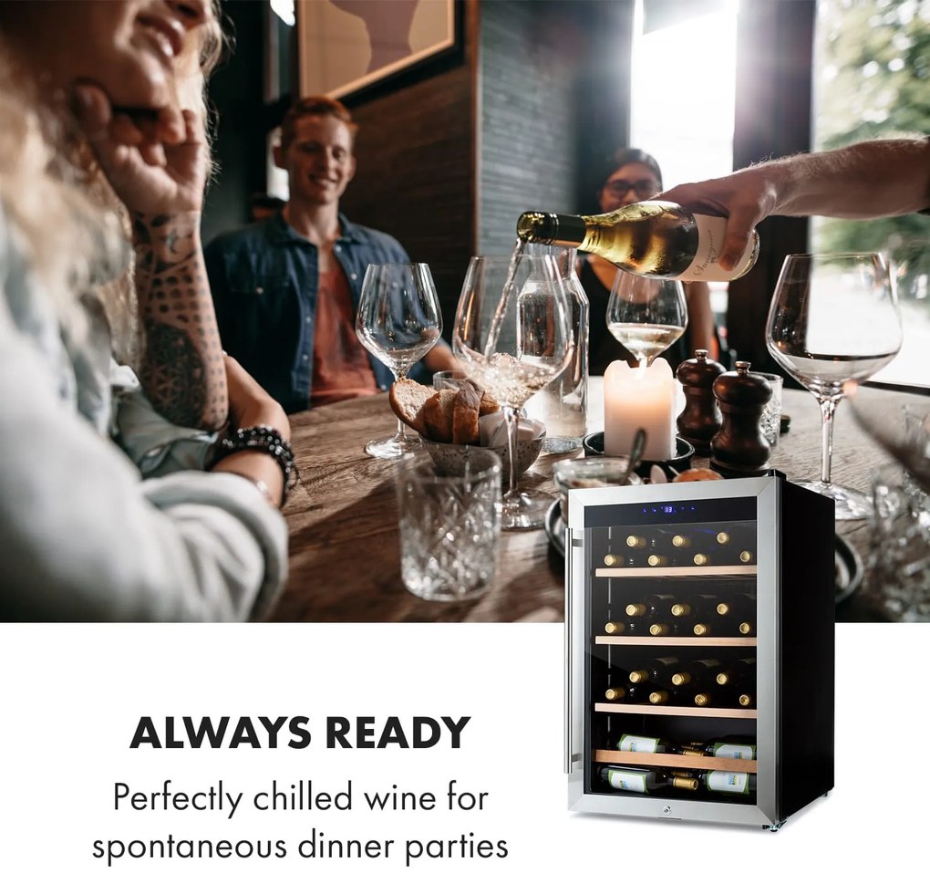 Klarstein Vinamour 48 Uno, borhűtő, 128 liter, 48 palack, 3 polc, 4 - 18 °C, rozsdamentes acél