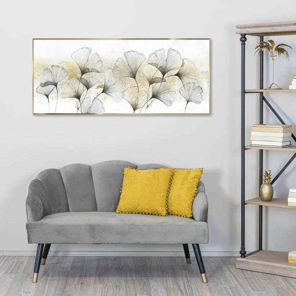 Keretezett üveg falikép, arany-fekete ginko biloba, 50x125 cm, fehér - GINKO NOR ET OR