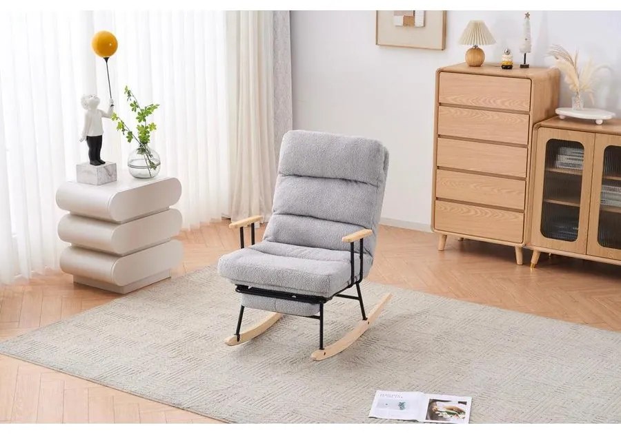 hintaszék fa lábakkal, plüss szövettel, 4 fokozatban állítható háttámlával, szürke