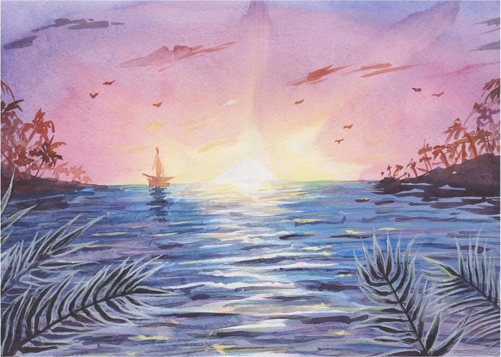 Kép - naplemente a víz felett, akvarell (üvegen) (70x50 cm)