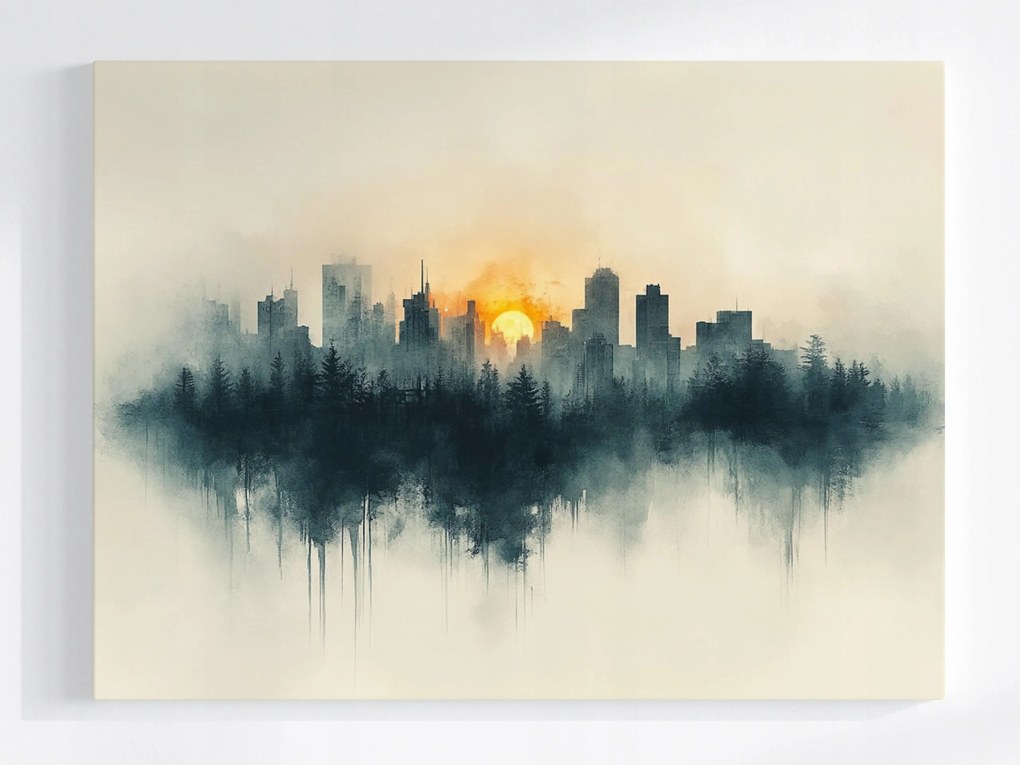 Poszter Grafika Város Panoráma Nap Erdő Akvarell 80x60