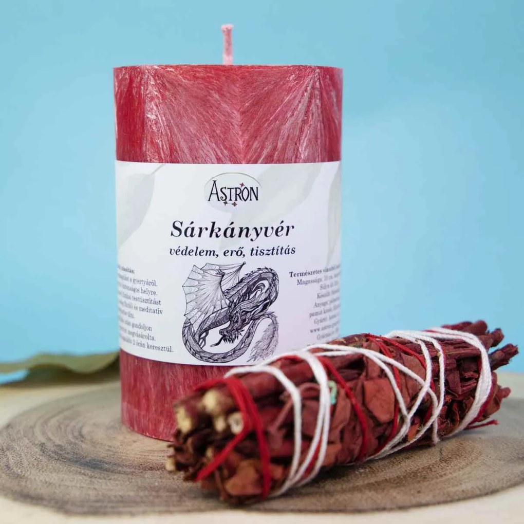 Sárkányvér - Védő, tisztító és erőt adó gyertya (320g)+ Sárkányvér füstölő köteg (10cm)