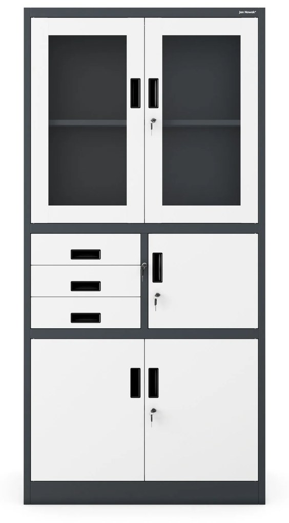 Fém iratszekrény széffel, vitrinnel és fiókokkal FILIP, 900 x 1850 x 400 mm, antracit-fehér