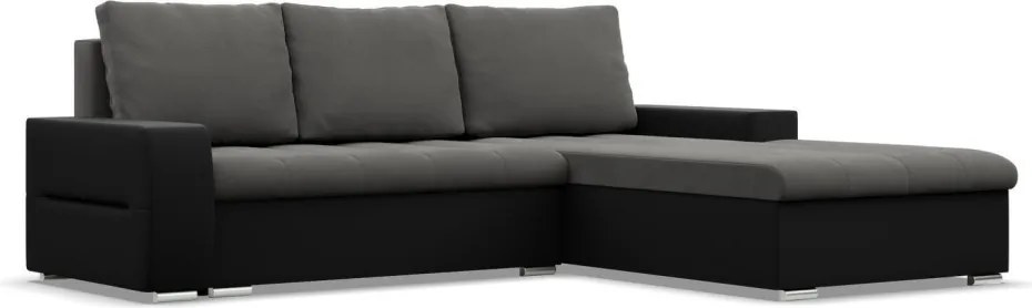 Toronto sarokkanapé, 2 ágyneműtartóval, bársony + műbőr, jobboldali, szürke - fekete
