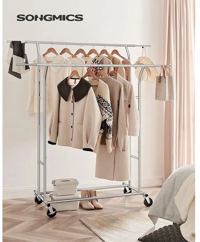 Gurulós ruhaállvány 110kg teherbírással, króm 129-169 cm között állítható