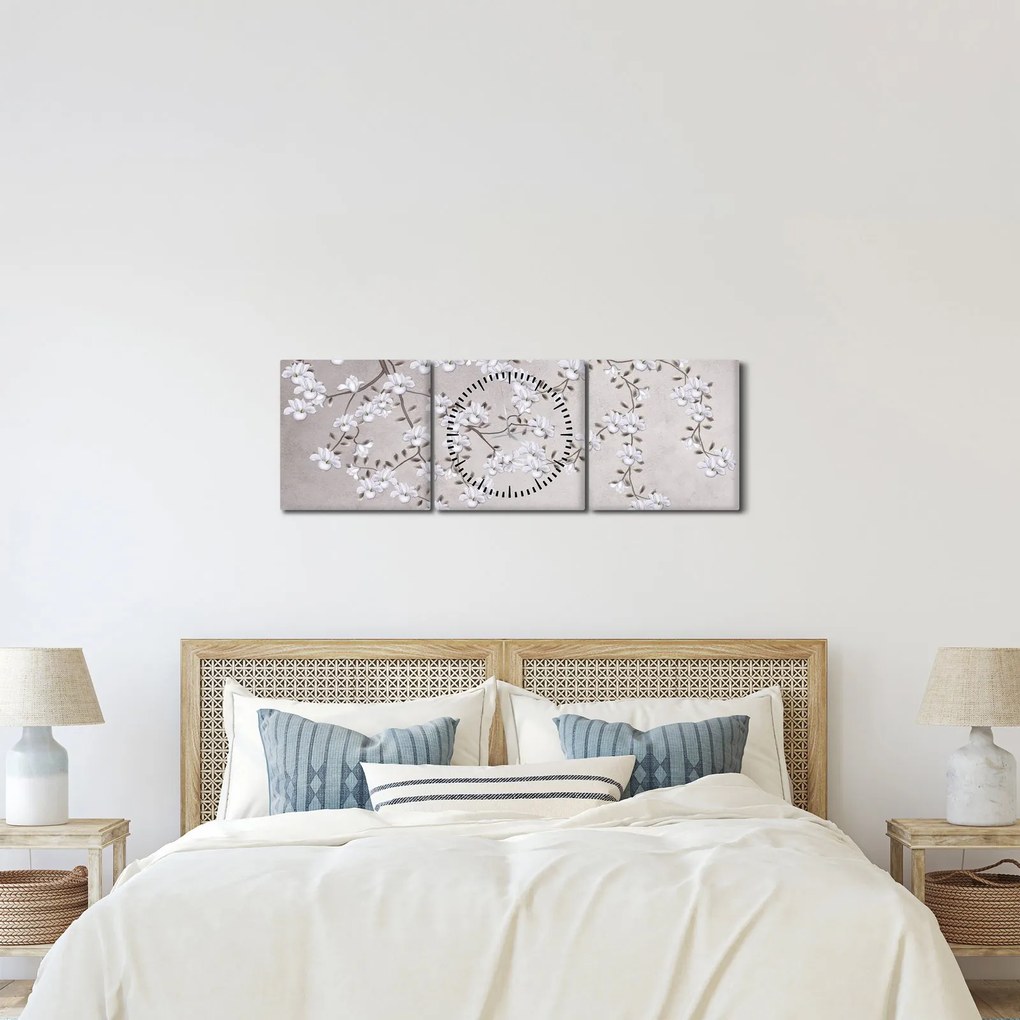 Kép - Virágok egy szürke tájon (órával) (90x30 cm)