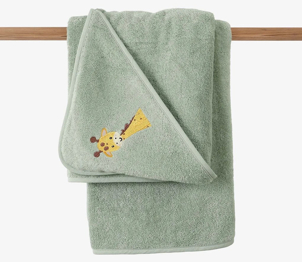 Goldea gyermek frottír fördőlepedő csuklyás - zsiráf zsályaszínű alapon 100 x 100 cm