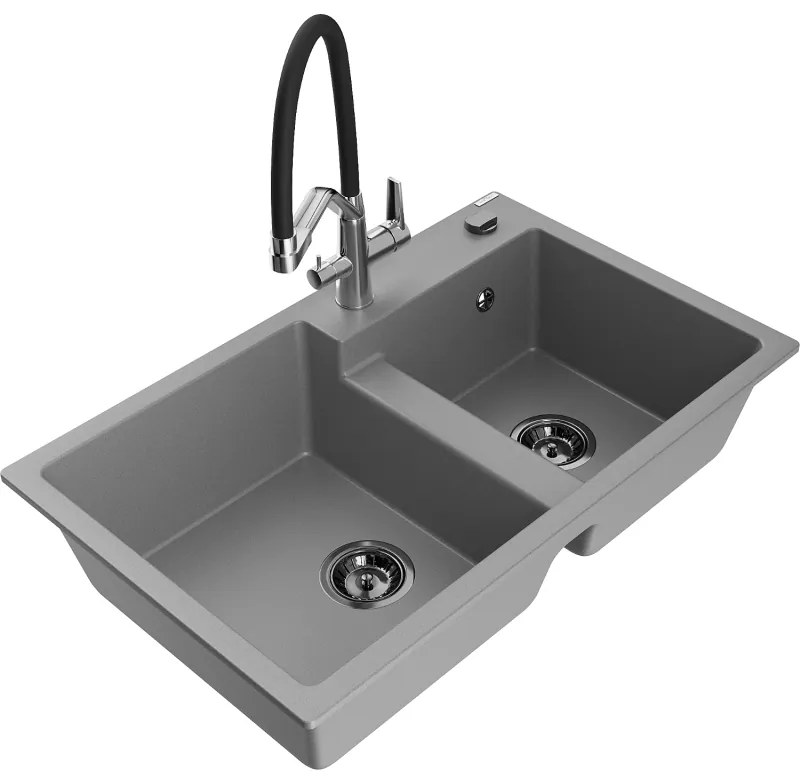 Mexen Tomas 2 rekeszes gránit mosogató Duo konyhai csapteleppel, szürke - 6516-71-671701-07-B