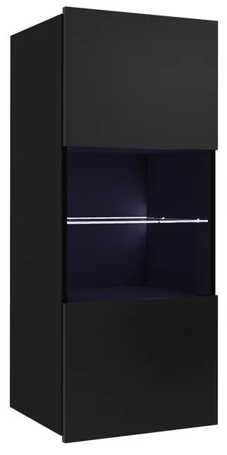 BRINICA vitrines faliszekrény, fekete/magasfényű fekete, + kék LED