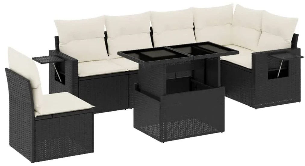 7 részes fekete polyrattan kerti ülőgarnitúra párnával