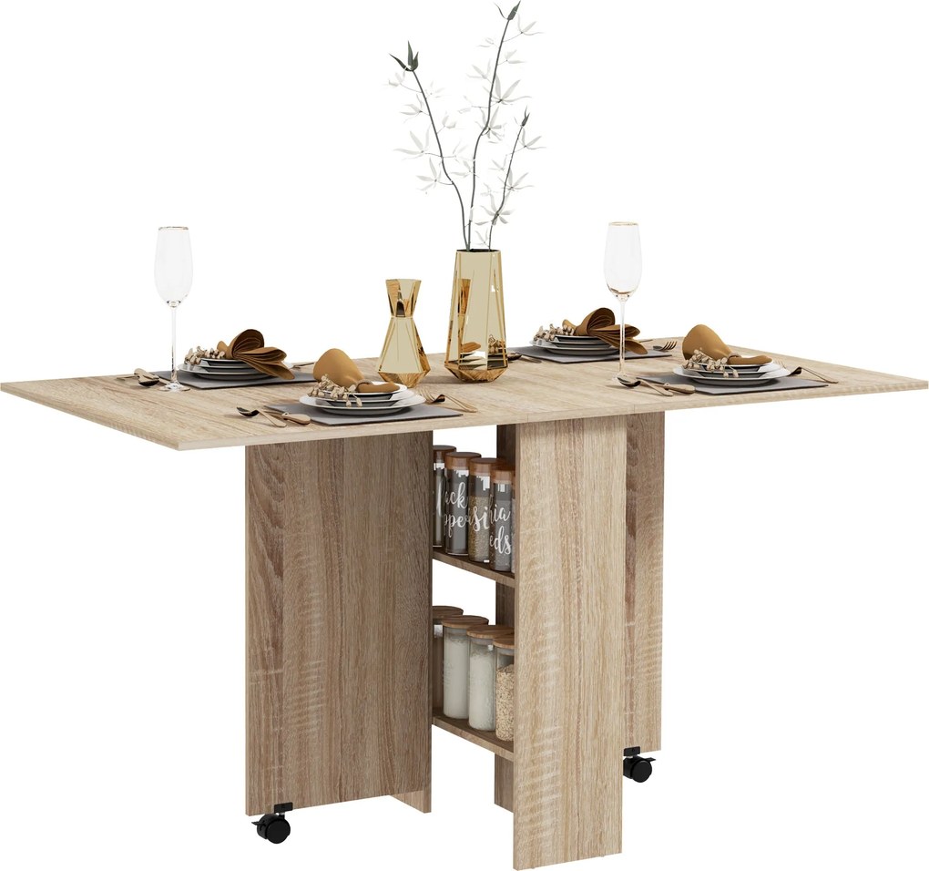 HOMCOM Összecsukható Étkezőasztal Kerekekkel, Összecsukható Szárnyakkal és Polcokkal 4-6 Személy Részére 75x140x74 cm Természetes | Aosom