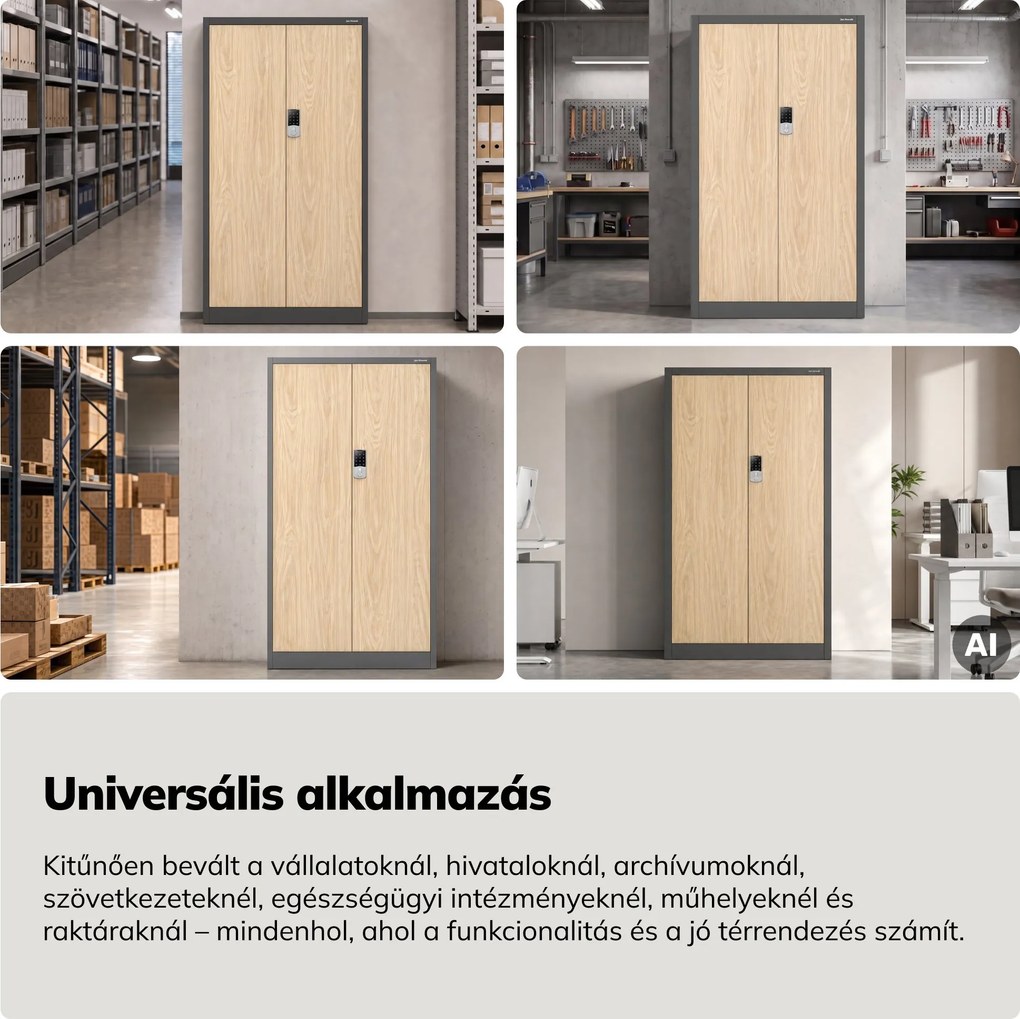 Fém irodai szekrény kódzárral, antracit, sonoma tölgy, 900x1850x400 mm: DANIEL Eco Design