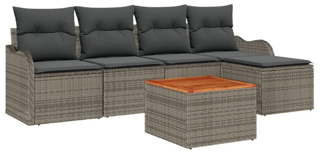 6 részes Kerti Sofa Szett Párnákkal Szürke Poly Rattan Akác, 2-személyes Kerti Sofa Párnákkal Szürke Poly Rattan