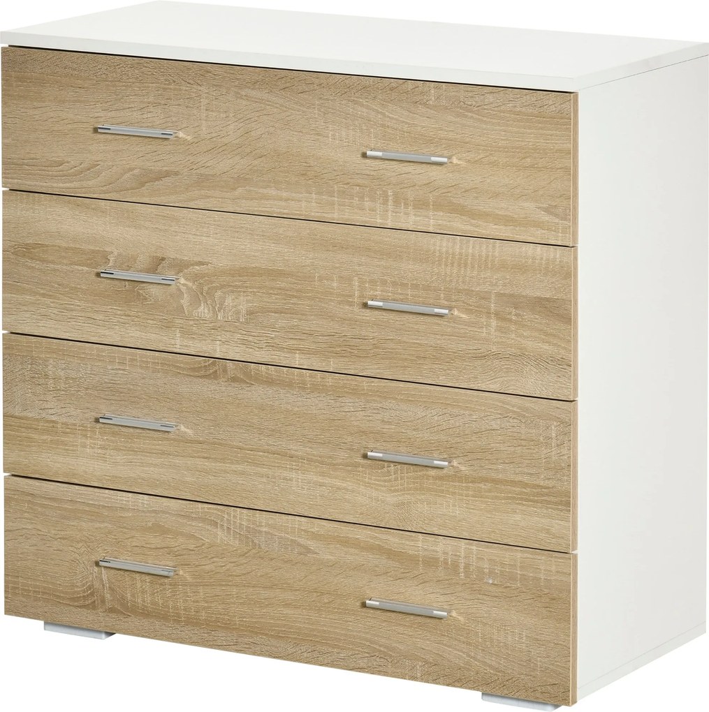 HOMCOM 4 Fiókos Komód Modern Segédtároló Szekrény Hálószobába, Előszobába, Nappaliba, 76x35x72 cm Tölgy és Fehér Kivitelben | Aosom