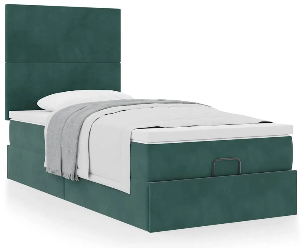 Ottomán ágykeret matracokkal sötétzöld 80x200cm bársony