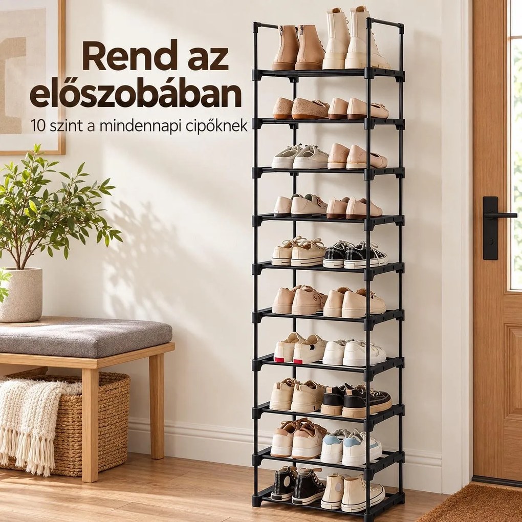 10 szintes keskeny cipőtartó, moduláris fém cipőtároló akár 20 pár cipőhöz, 45 x 30 x 174 cm, fekete