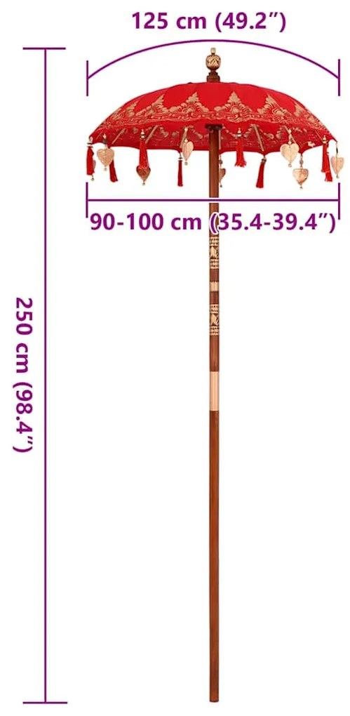 Balinéz Napernyő Piros (90-100) x 260 cm Pamut és tömör fa