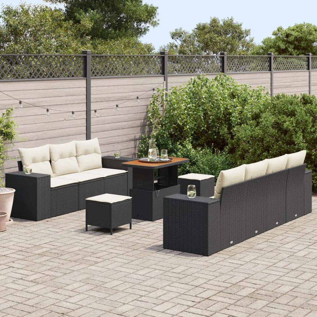 10 darabos kerti kanapé szett párnákkal fekete poly rattan akácián, 3 darabos kerti étkező szett párnákkal fekete poly rattan akácián