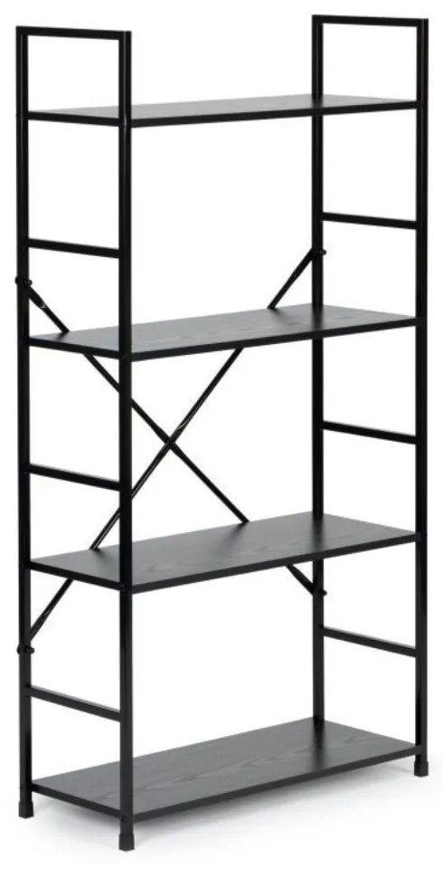 Fekete 4 szintes nyitott könyvespolc, tároló állvány fém lábakkal - 59x112cm Intenso